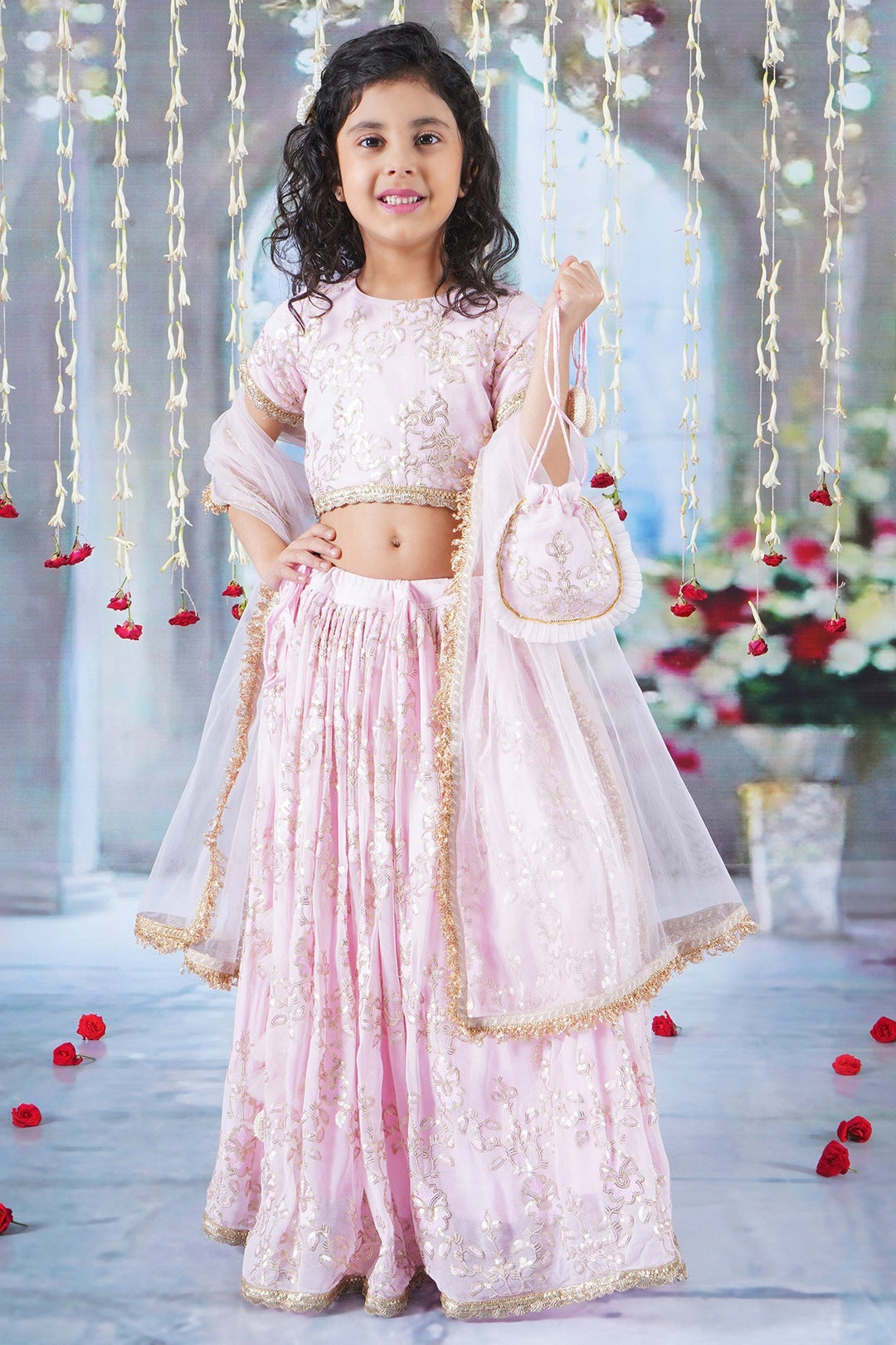 Girls Baby Pink Floral Irish Thread and Sequin work Lehenga with Blouse and Duppata with Matching Potli and Hand made tussel | SHOBITAM