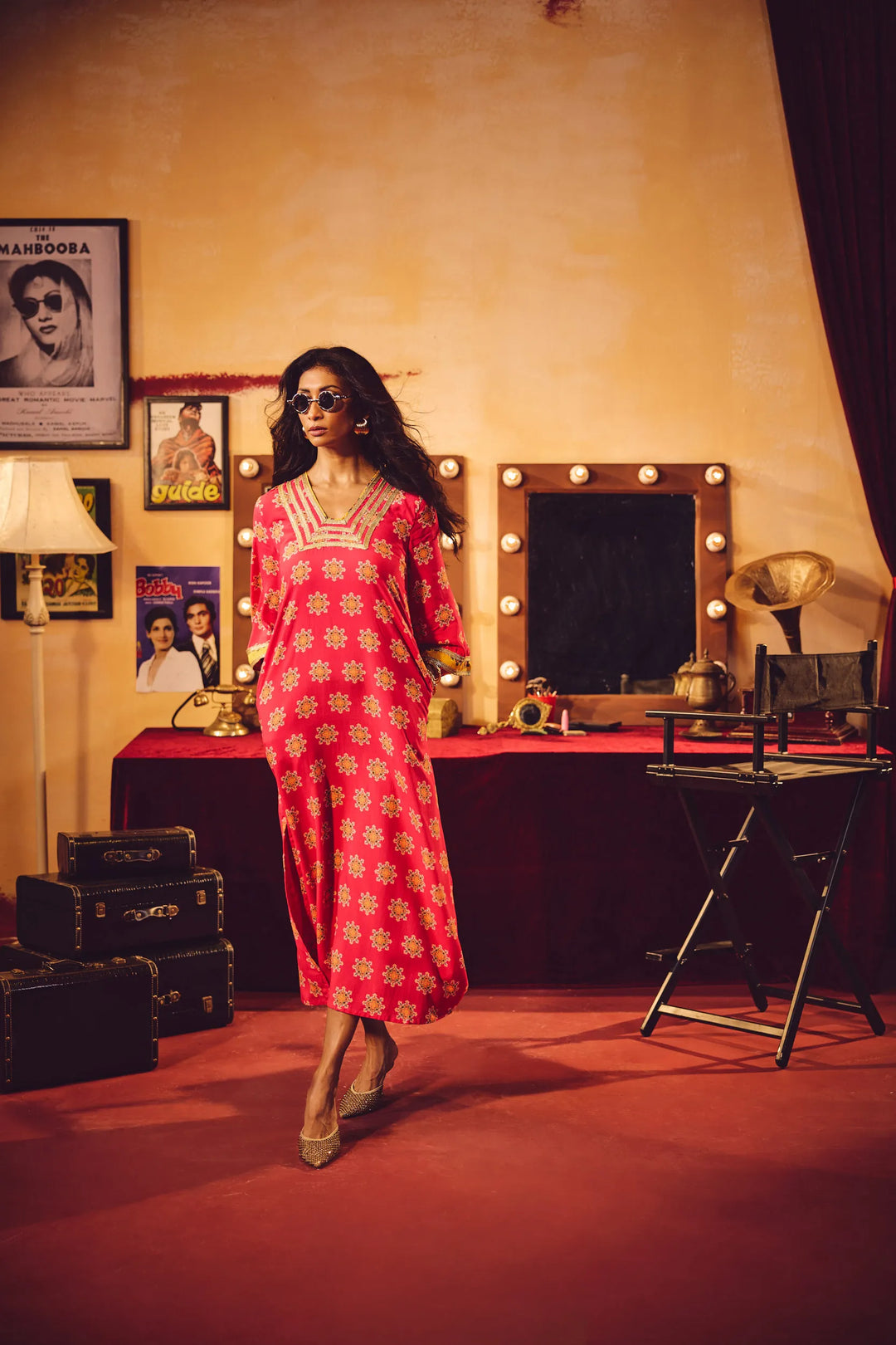 Pink Boota Print Viscose Straight Maxi Dress | SHOBITAM