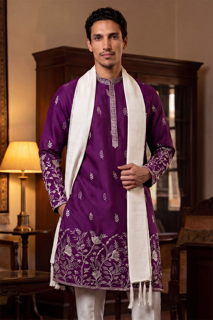Men Purple Silk Blend Solid Embroidered Straight Kurta Trouser with Dupatta  | SHOBITAM