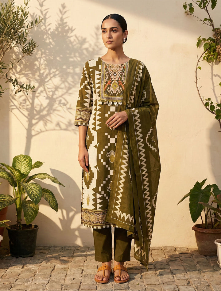 Olive Green Printed Kurta Pant Dupatta Set | SHOBITAM
