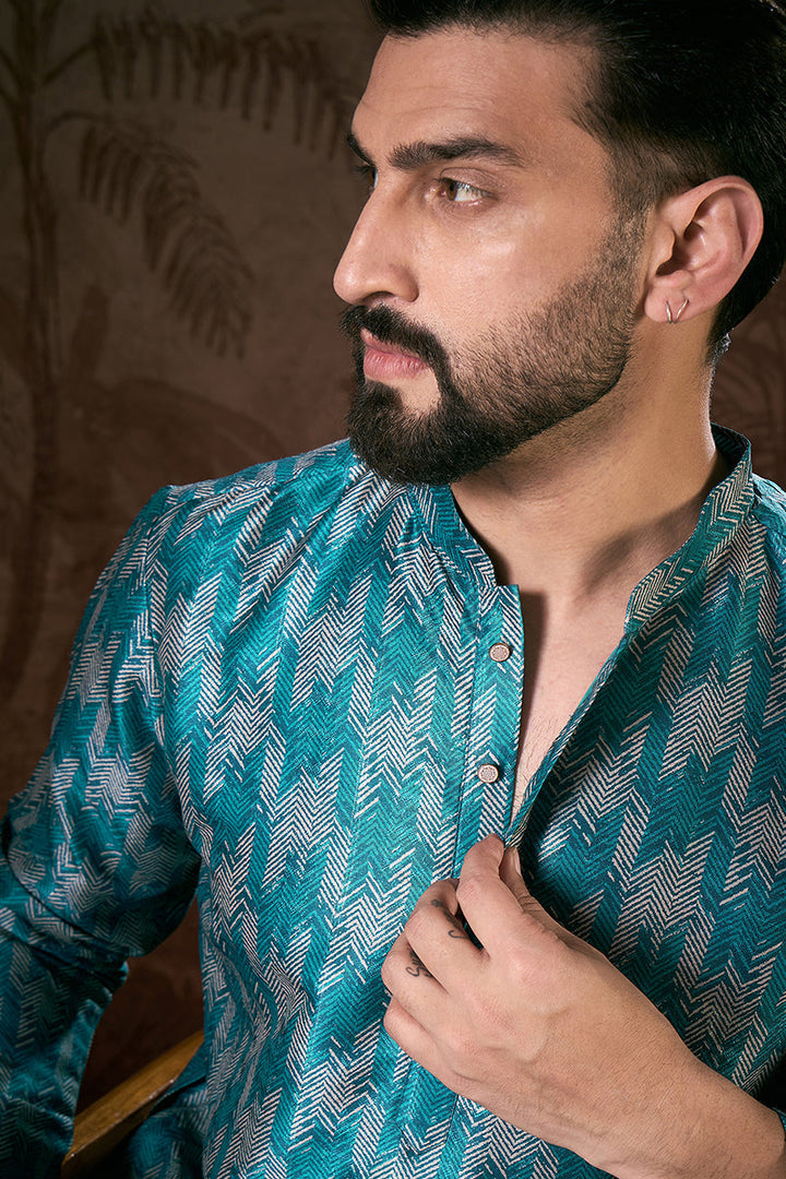 Turquoise Blue Silk Blend Chevron Printed Straight Kurta For Men | SHOBITAM