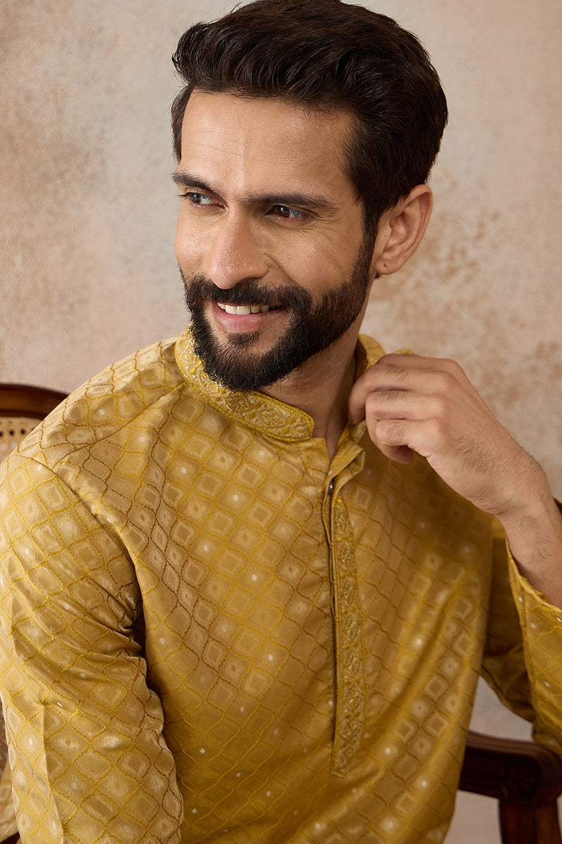 Mens Yellow Jacquard Ethnic Motifs Embroidered Kurta  | SHOBITAM