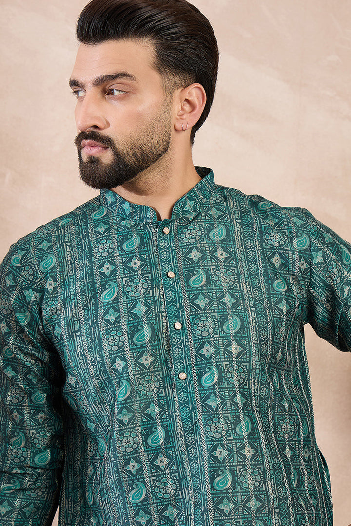 Green Silk Blend Ethnic Motifs Printed Straight Kurta With Trouser | SHOBITAM