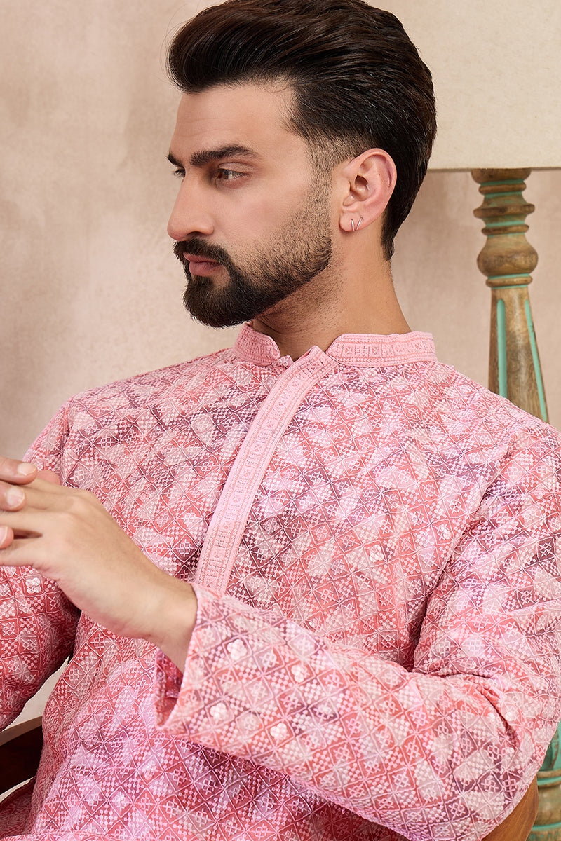 Pink Viscose Rayon Ethnic Motifs Embroidered Straight Kurta | SHOBITAM