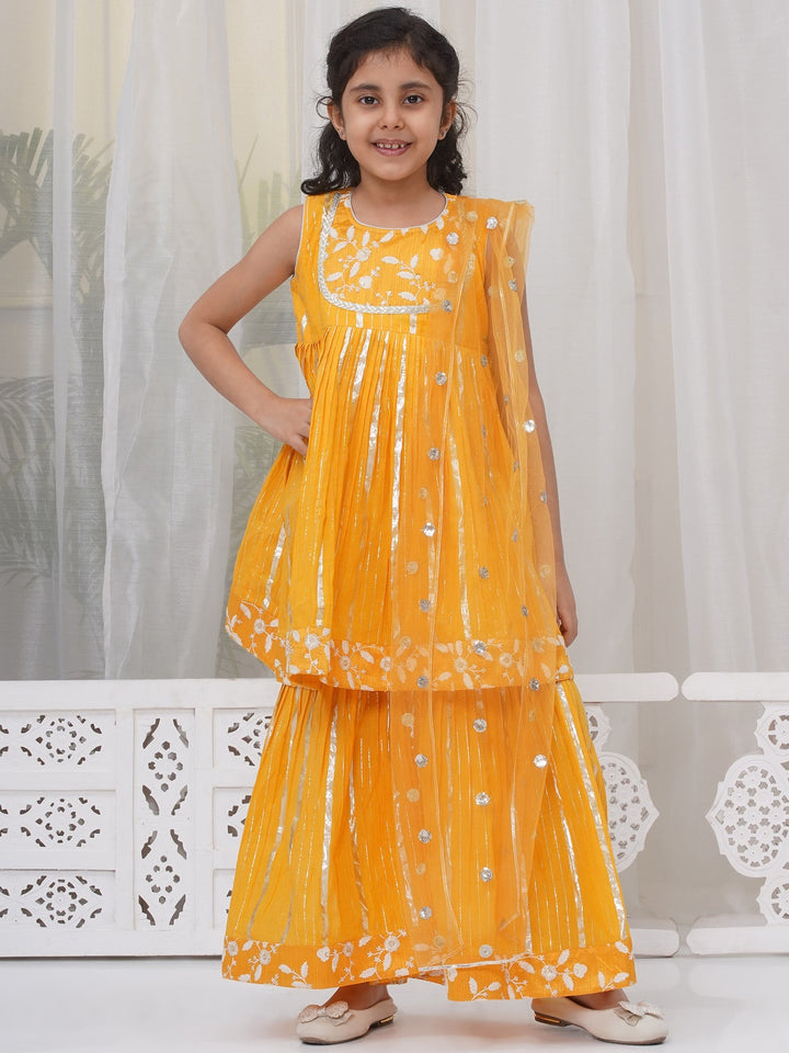 Girls Cotton Sleeveless White Thread Floral Embroidery Kurta Frock with Sharara and Dupatta - Haldi Yellow | SHOBITAM