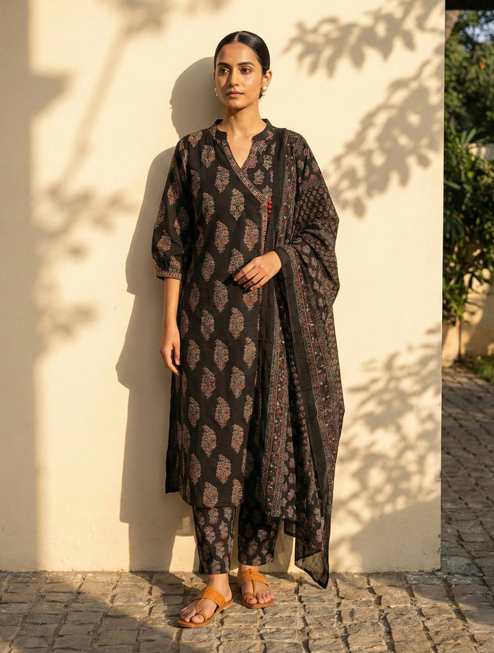 Black Boota Print Angrakha Kurta Pant Dupatta Set | SHOBITAM