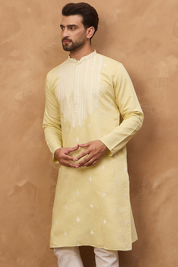 Yellow Silk Blend Solid Embroidered Straight Kurta | SHOBITAM