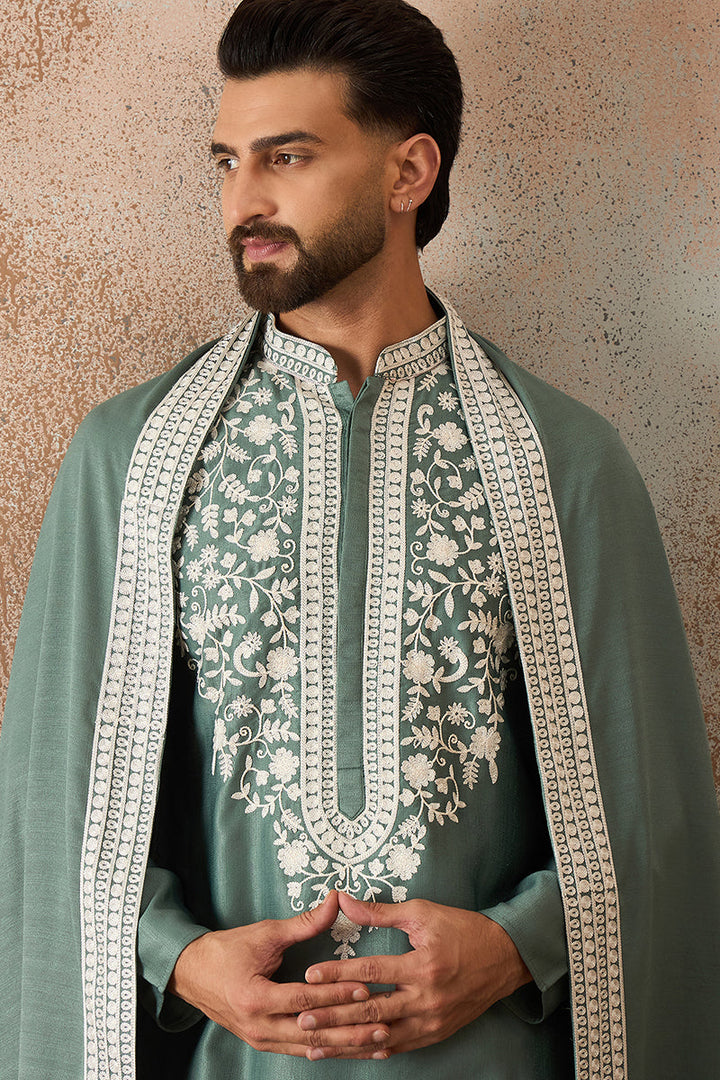 Mens Green Silk Blend Solid Embroidered Kurta Trouser With Dupatta | SHOBITAM