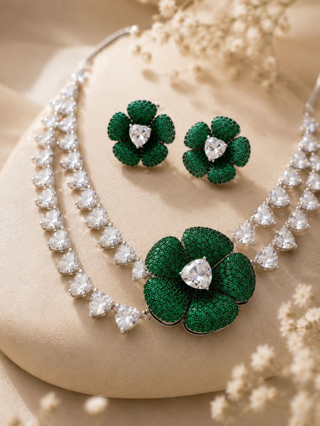 Emerald Bloom Floral Necklace Set with Crystal Petal Drops | SHOBITAM