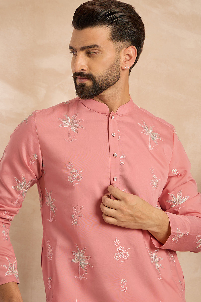 Pink Cotton Solid Embroidered Straight Kurta With Trouser | SHOBITAM
