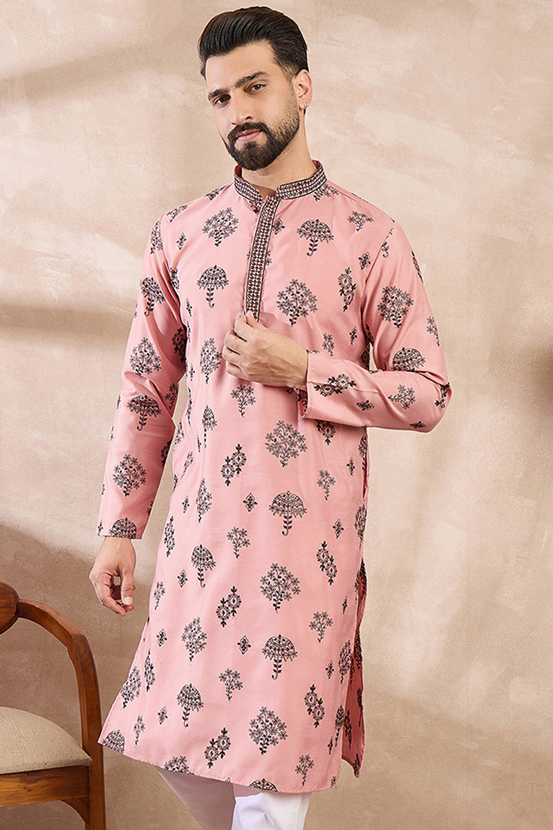 Peach Silk Blend Solid Embroidered Straight Kurta With Trouser For Men | SHOBITAM