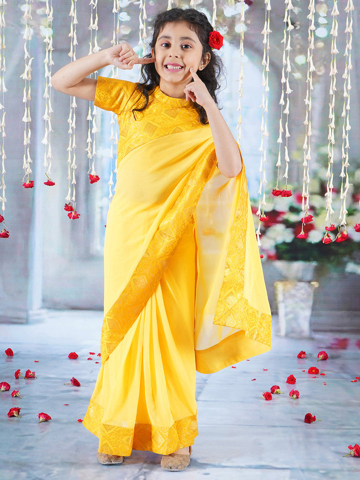 Floral Rangoli Blouse with Ready to wear Saree - Yellow | SHOBITAM