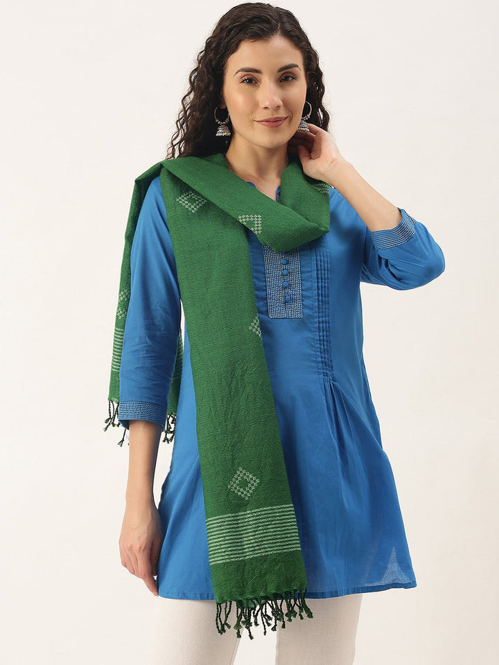 Handloom Green Jamdani Merino Wool Stole | SHOBITAM
