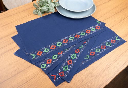 Blue, Red Kantha Cotton Table Mats- 4Pack | SHOBITAM