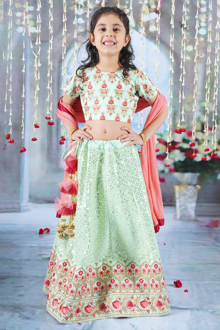 Girl Bageecha Floral Thread work Blouse with Mirror work Lehenga and Sequin moti work Dupatta, accompanied with Hand made tassel and Ghungroo work | SHOBITAM