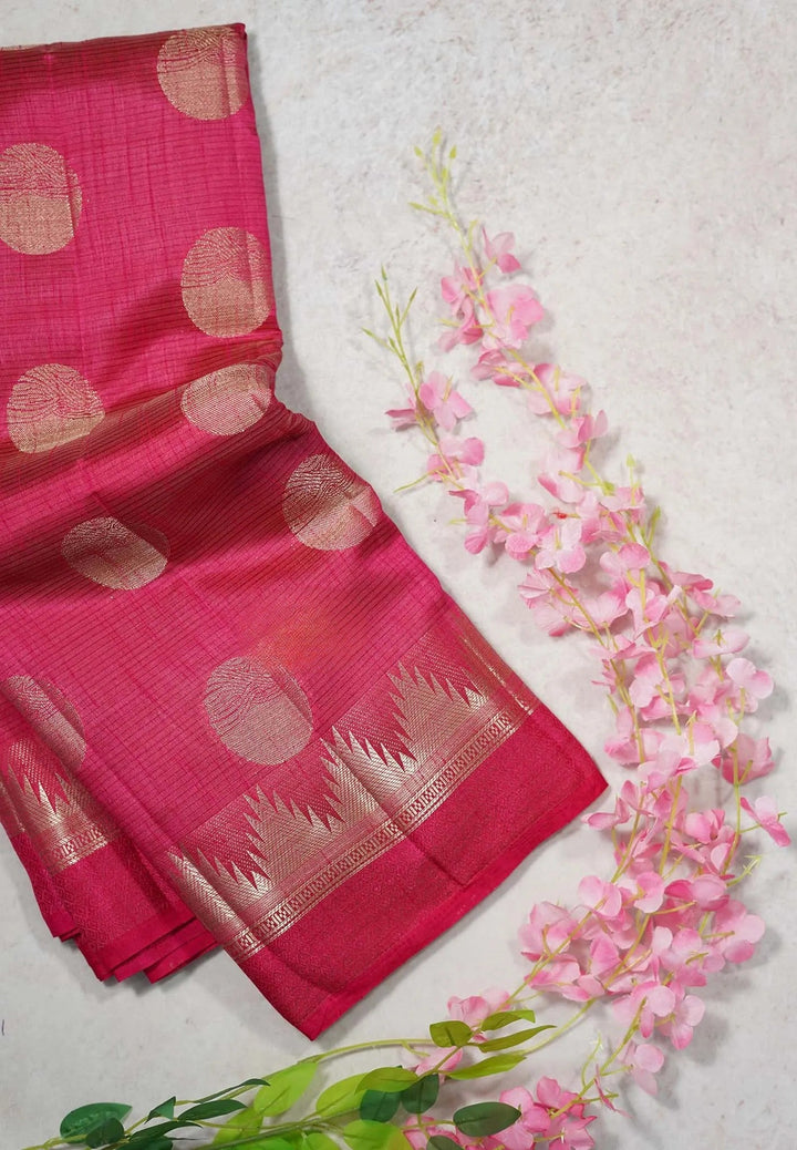 Strawberry Pink Semi tussar saree with Temple Border with Buttas | SHOBITAM