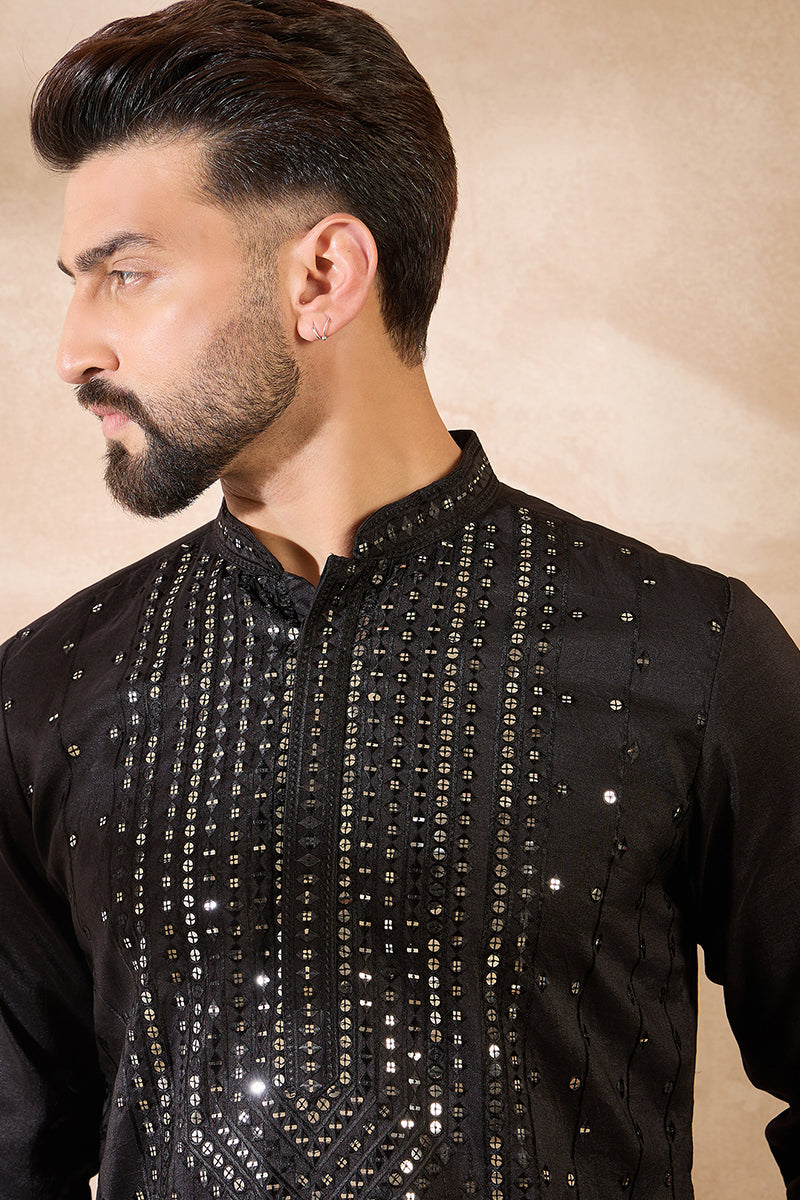 Black Silk Blend Geometric Embroidered Straight Kurta | SHOBITAM