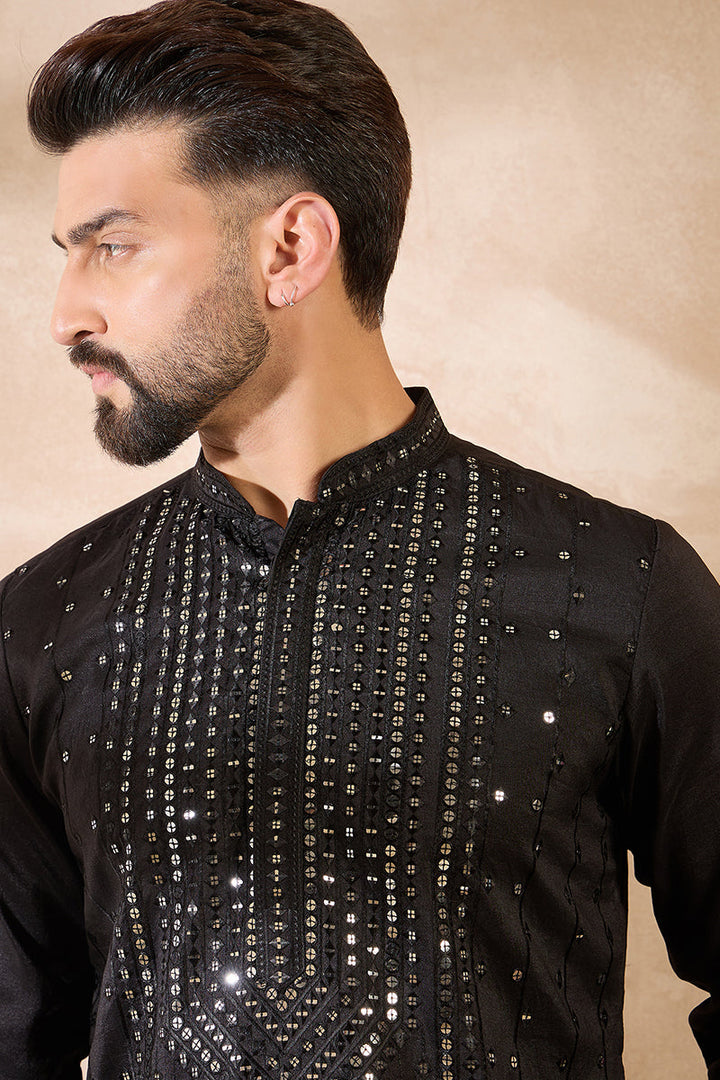 Black Silk Blend Geometric Embroidered Straight Kurta | SHOBITAM