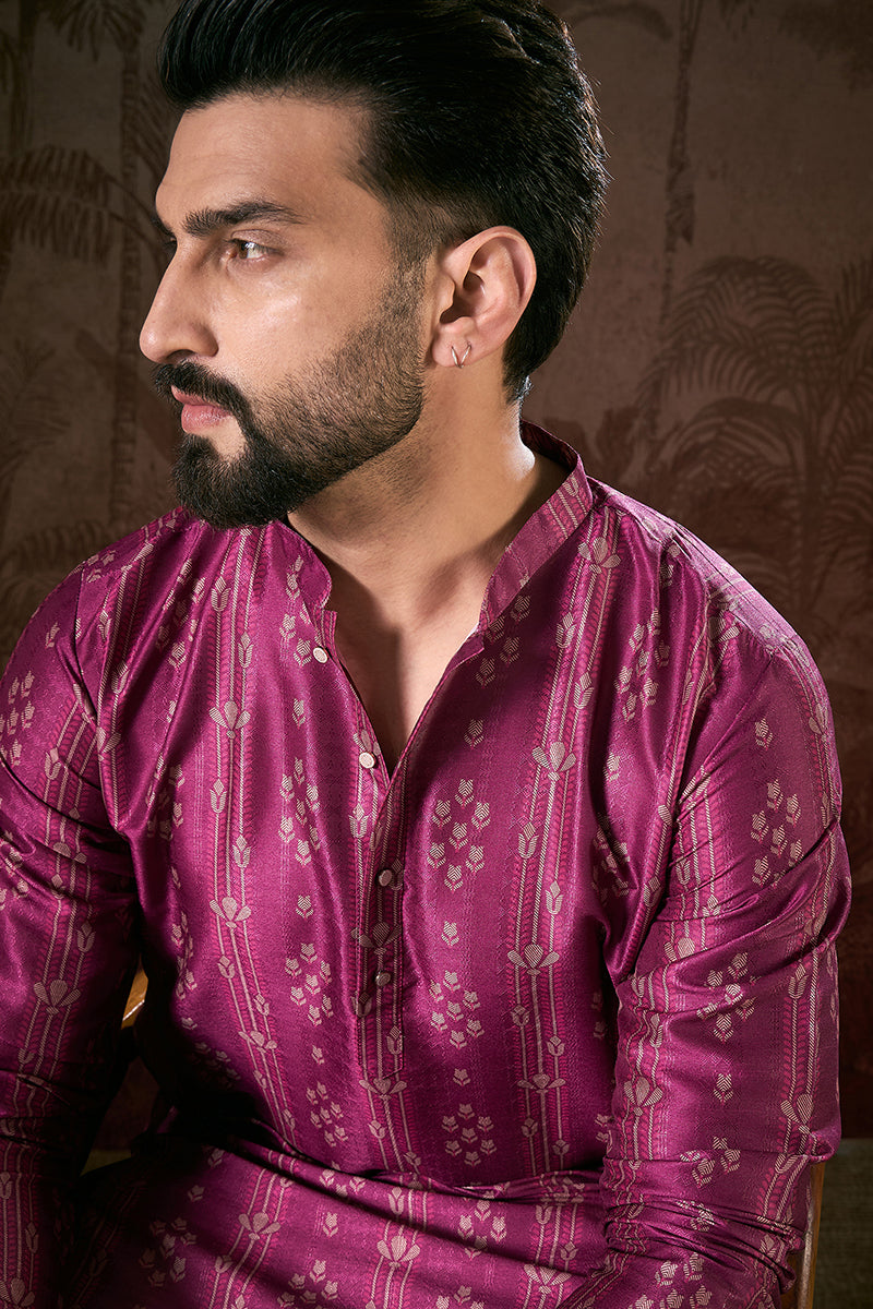 Purple Silk Blend Floral Printed Straight Kurta For Men | SHOBITAM