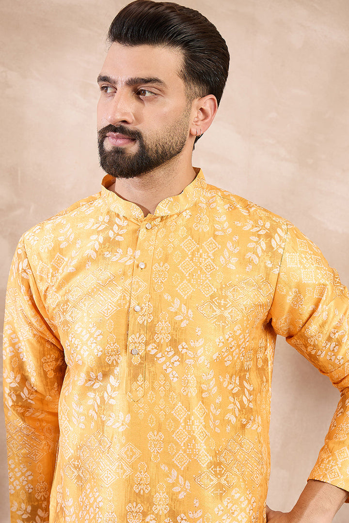 Yellow Silk Blend Ethnic Motifs Printed Straight Kurta With Trouser | SHOBITAM