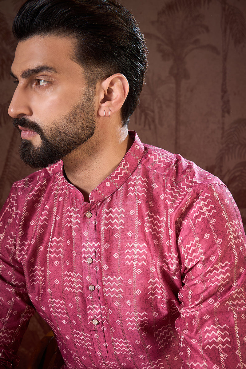 Pink Silk Blend Ethnic Motifs Printed Straight Kurta For Men | SHOBITAM