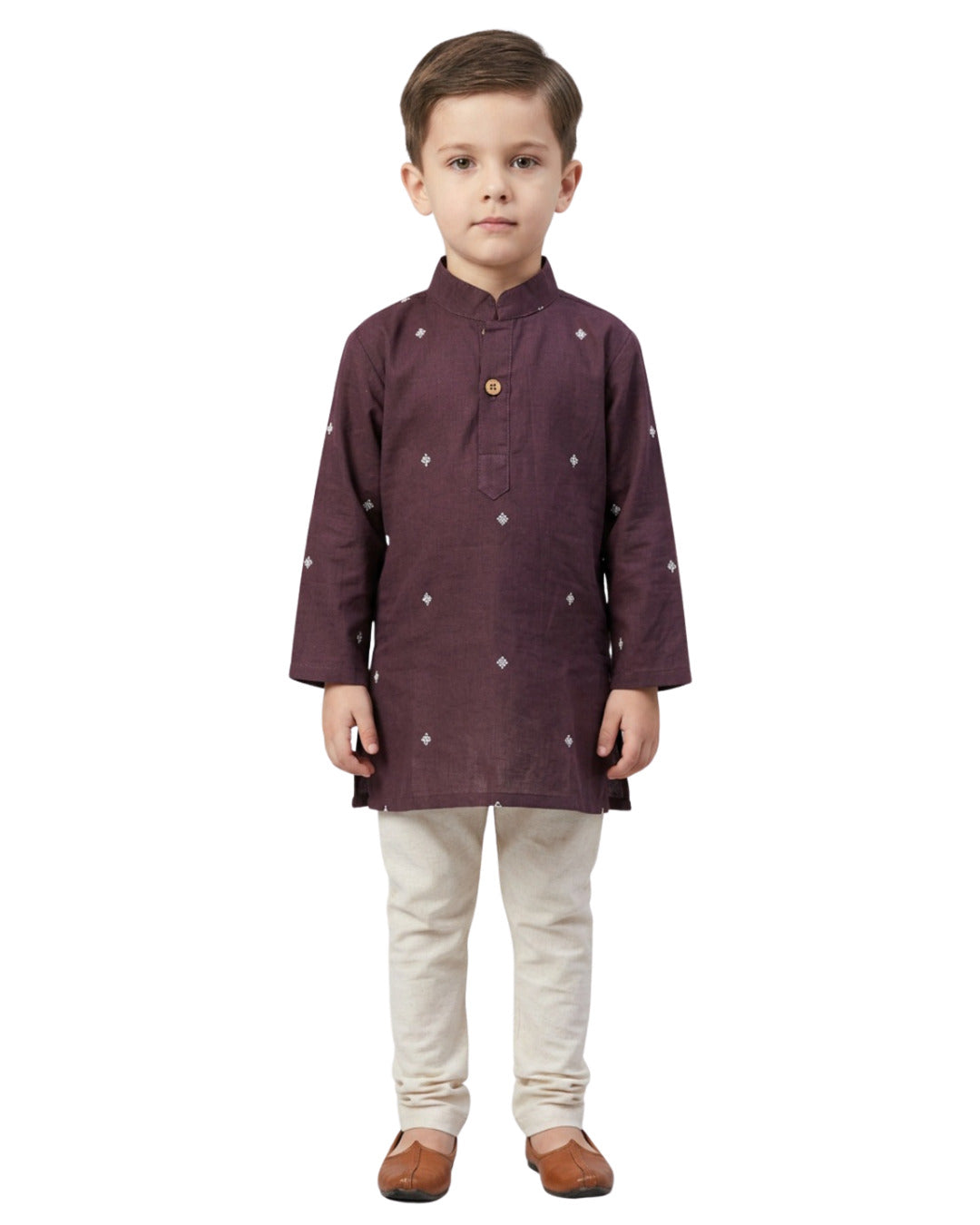 Boys Maroon Embroidered Mandarin Collar Cotton Kurta Set | SHOBITAM