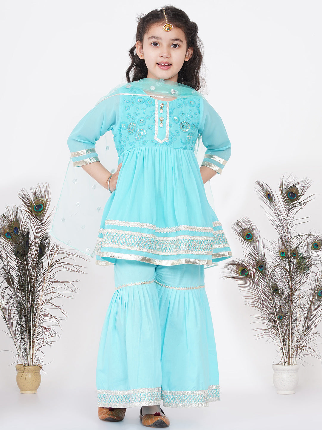 Girls Gotta Patti work Kurta frock with Sharara and Dupatta - Sky Blue | SHOBITAM