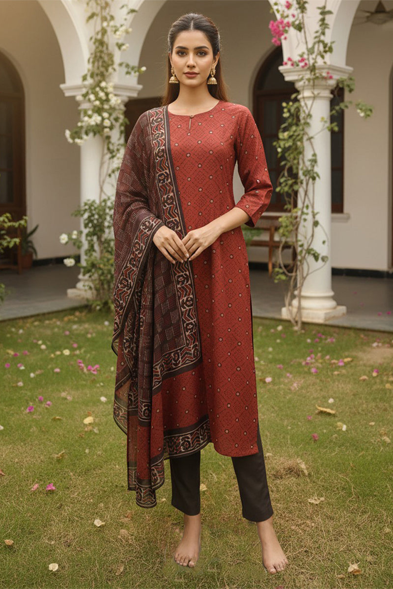 Red Cotton Blend Geometric Printed Straight Kurta Trousers With Dupatta  | SHOBITAM