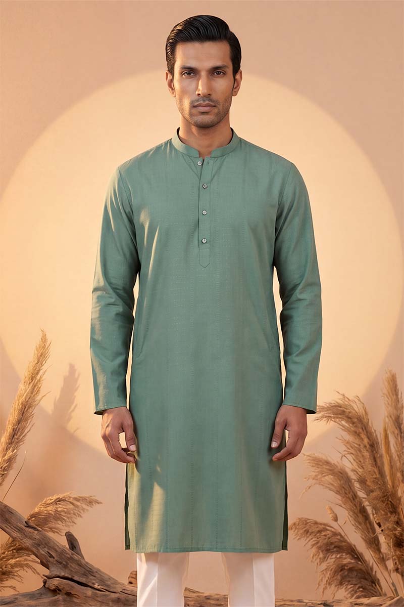Mens Green Silk Blend Solid Solid Kurta With Trousers | SHOBITAM