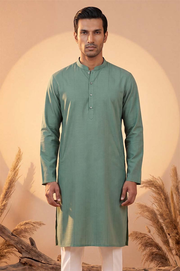 Mens Green Silk Blend Solid Solid Kurta With Trousers | SHOBITAM