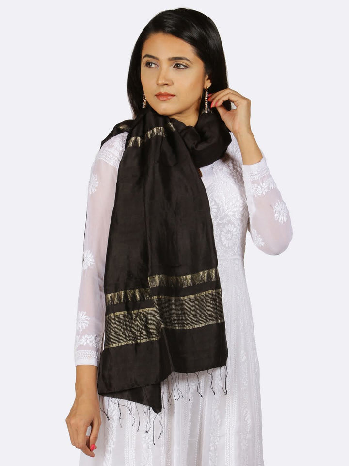 Black Pure Mysore Silk Zari Stole | SHOBITAM