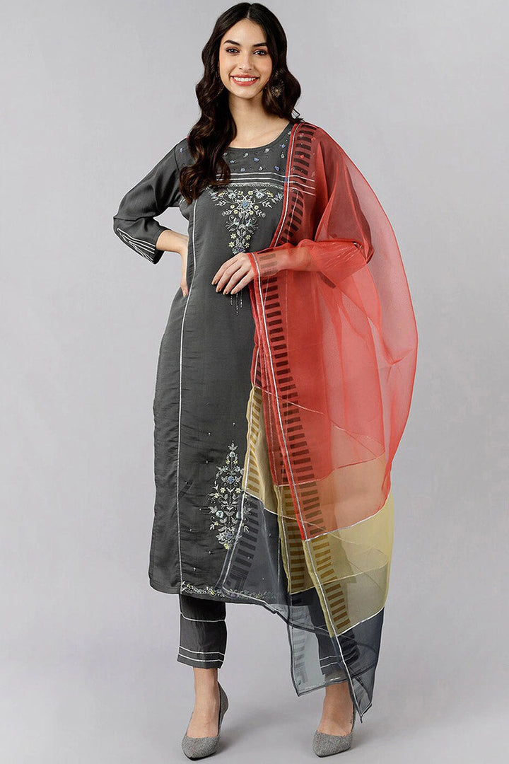 Grey Poly Silk Embroidered Straight Suit Set  | SHOBITAM
