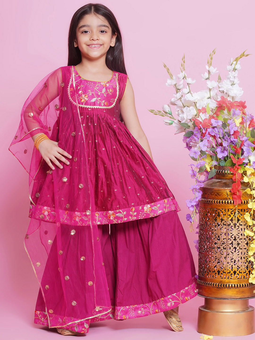 Chanderi Semi-Silk Sleeveless Floral & Zari Embrodiery Kurta Frock with Sharara and Dupatta - Hot Pink | SHOBITAM