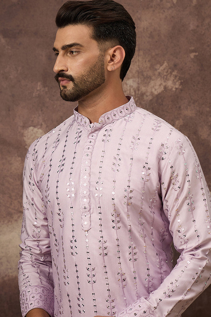Lavender Silk Blend Solid Embroidered Straight Kurta With Pant Set | SHOBITAM