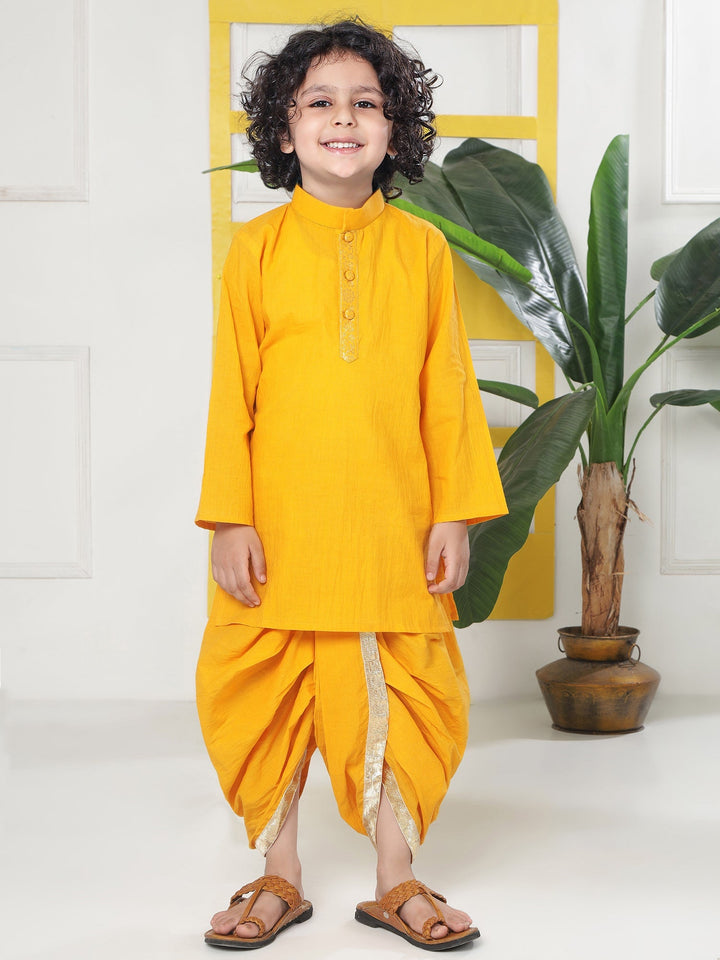 Yellow Minimal Zari Embroidery Cotton Kurta Dhoti set | SHOBITAM