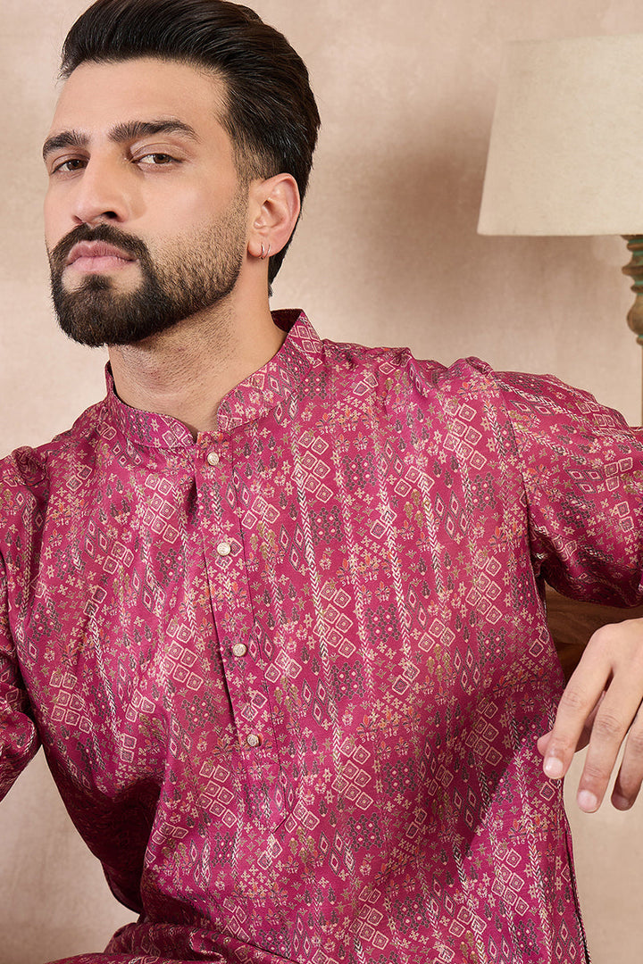 Pink Silk Blend Ethnic Motifs Printed Straight Kurta With Trouser | SHOBITAM