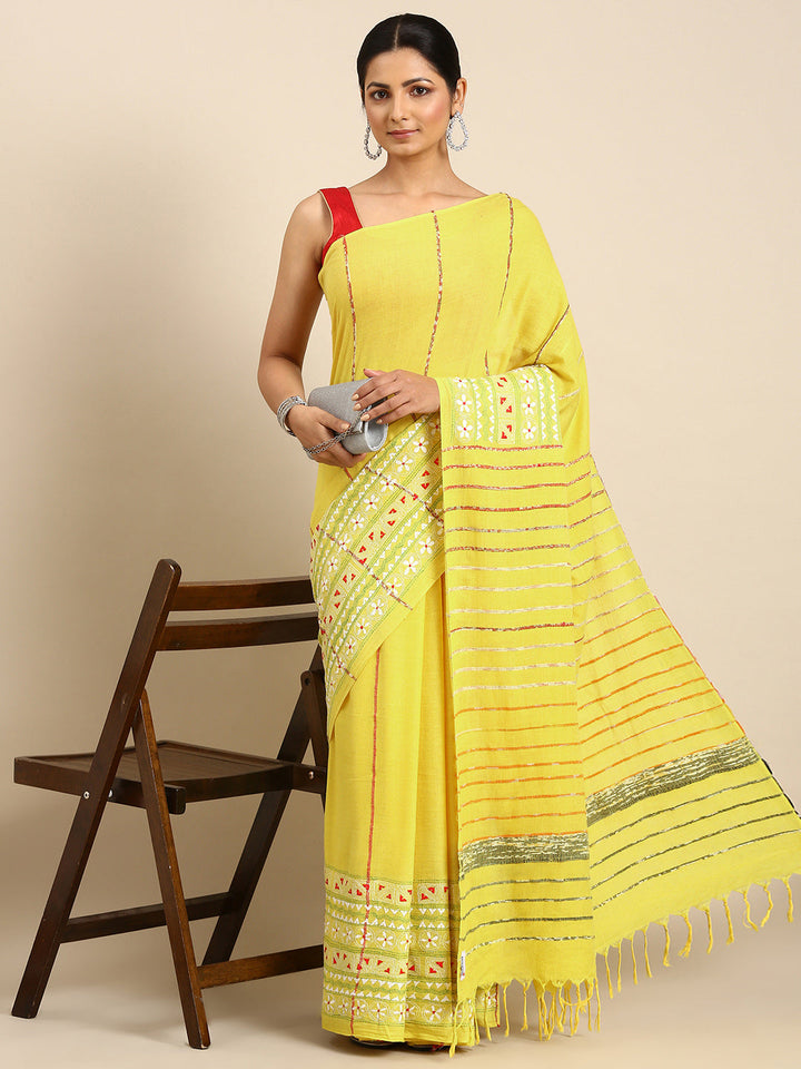 Yellow Khesh Kantha Cotton Saree | SHOBITAM