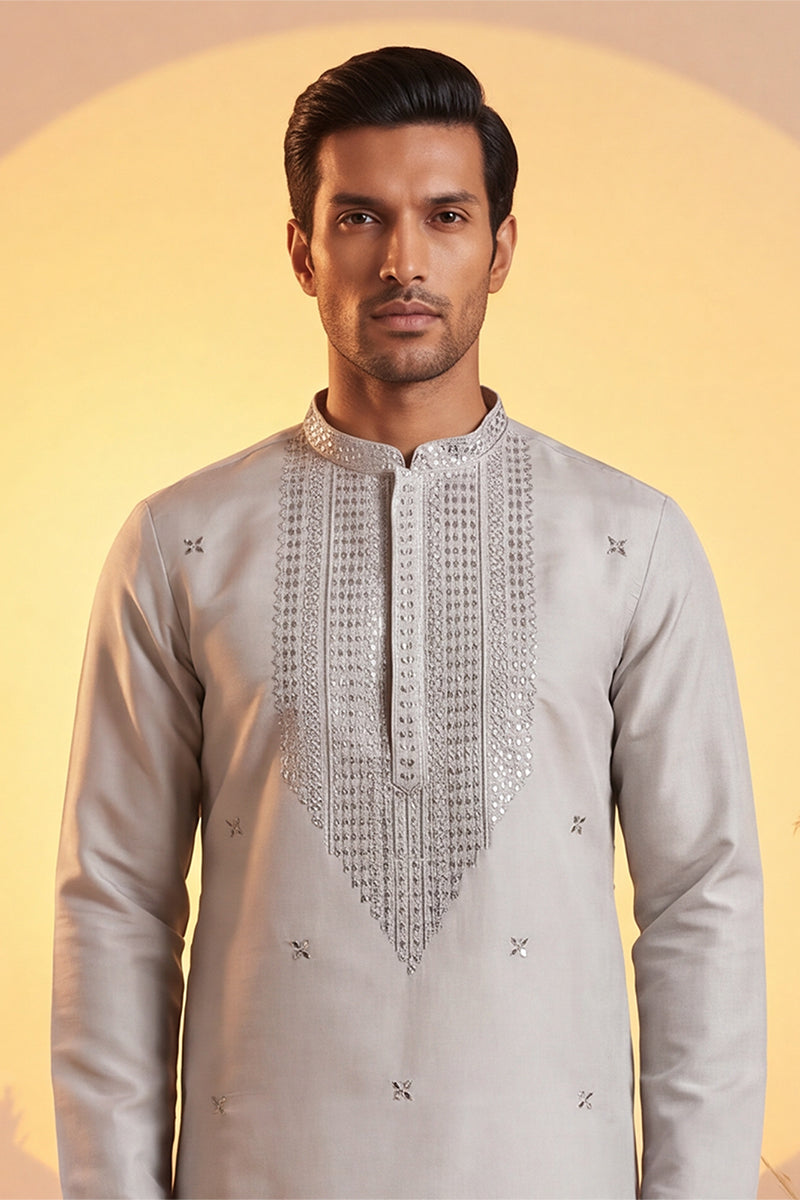 Mens Grey Silk Blend Solid Emboidered Sequins Kurta With Trouser | SHOBITAM