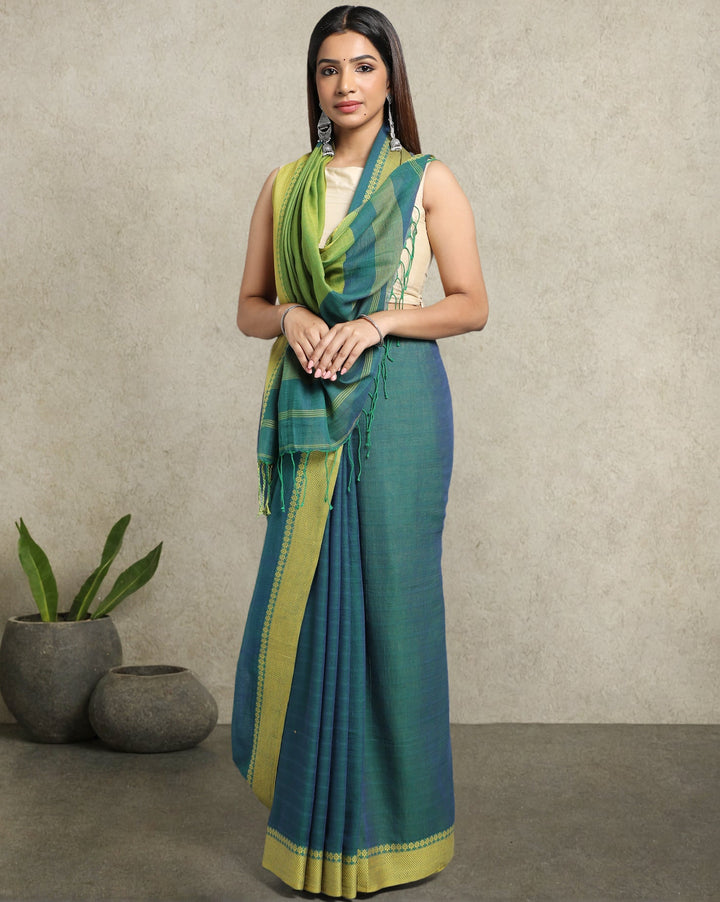 Teal Green Jacquard Cotton Saree | SHOBITAM