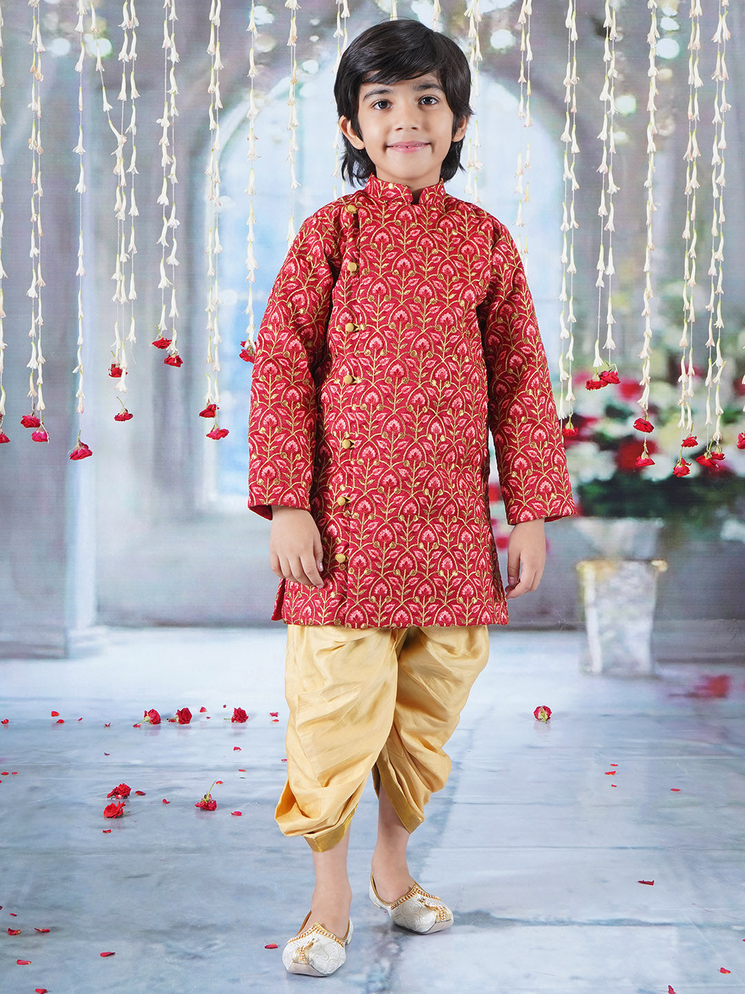 Boys Bageecha Floral Thread work Angrakha Sherwani with Beige Silk Dhoti in Cherry Red | SHOBITAM