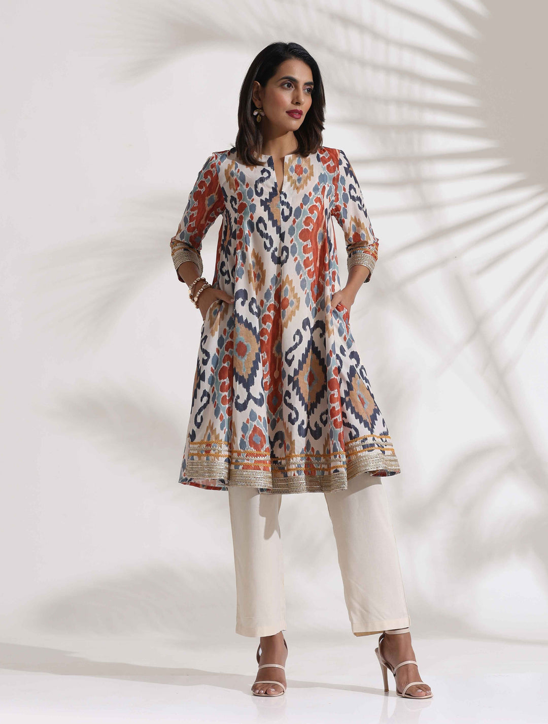 Off White Ikat Print Anarkali Kurta Co-ord Set | SHOBITAM