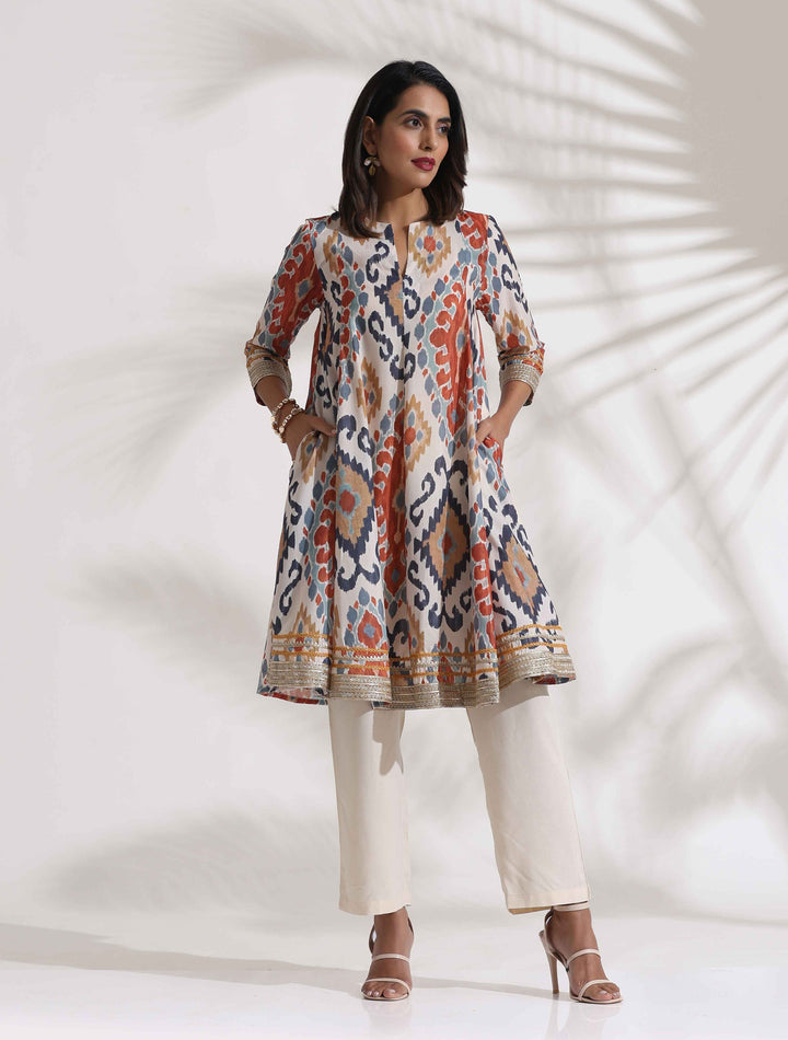 Off White Ikat Print Anarkali Kurta Co-ord Set | SHOBITAM