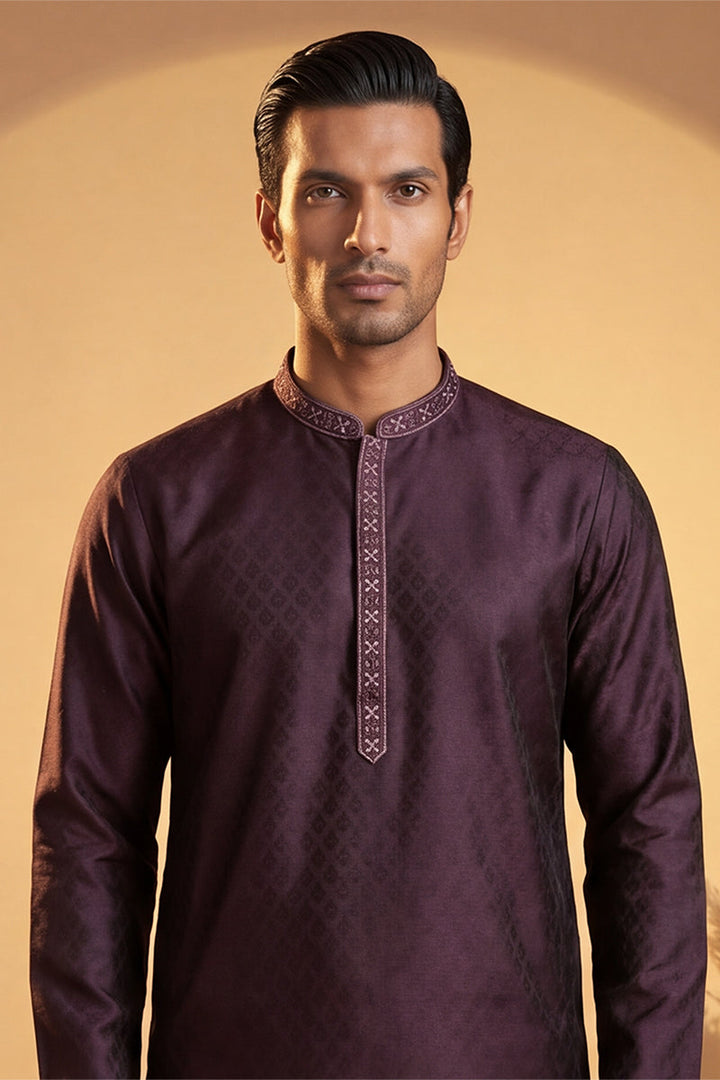 Mens Purple Silk Blend Woven Design Straight Kurta With Trouser | SHOBITAM