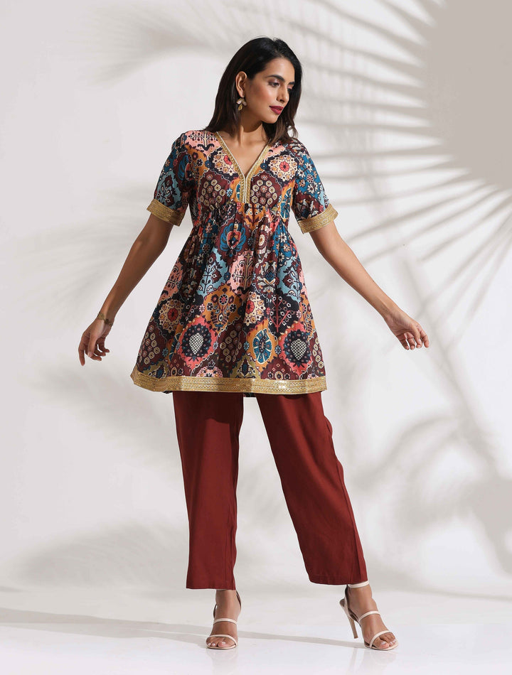 Brown Print Flared Co-ord Set | SHOBITAM