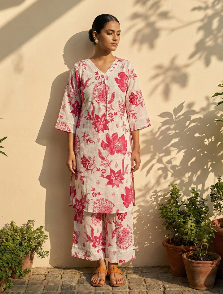 White Pink Floral Print Kurta Pant Set | SHOBITAM