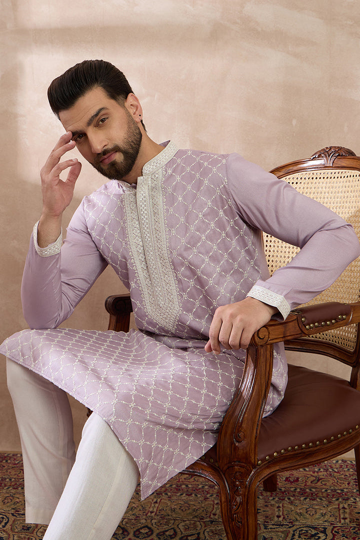 Lavender Silk Blend Embroidered Mandarin Collar Straight Kurta | SHOBITAM