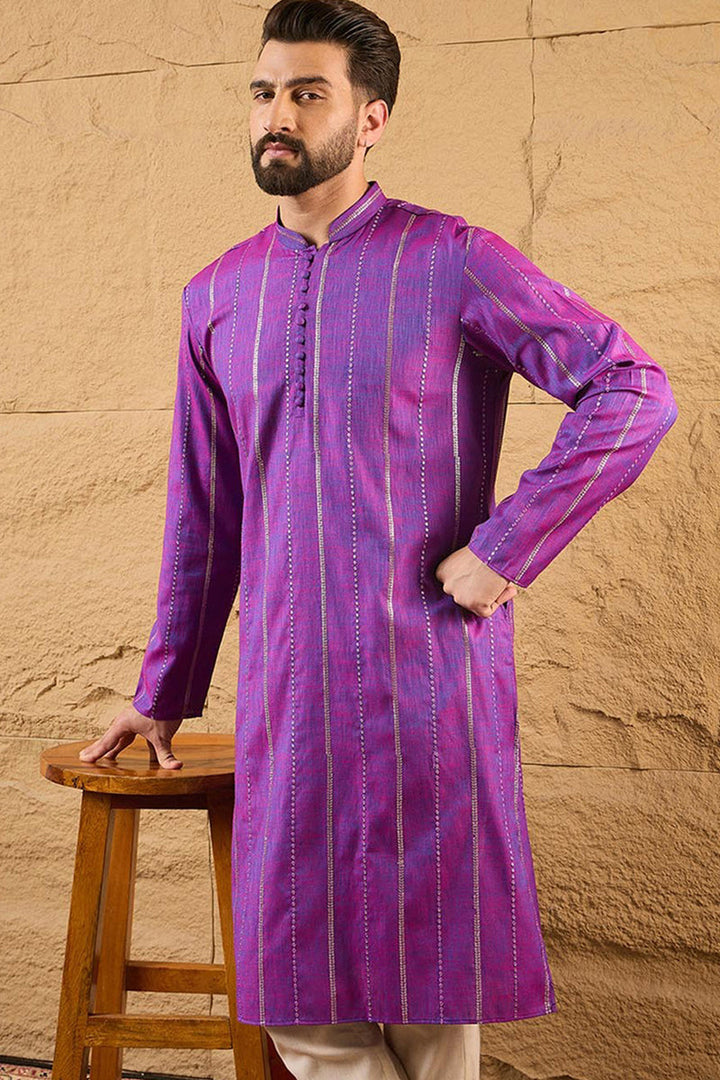 Purple Pure Cotton Solid Embroidered Straight Kurta with Trouser  | SHOBITAM
