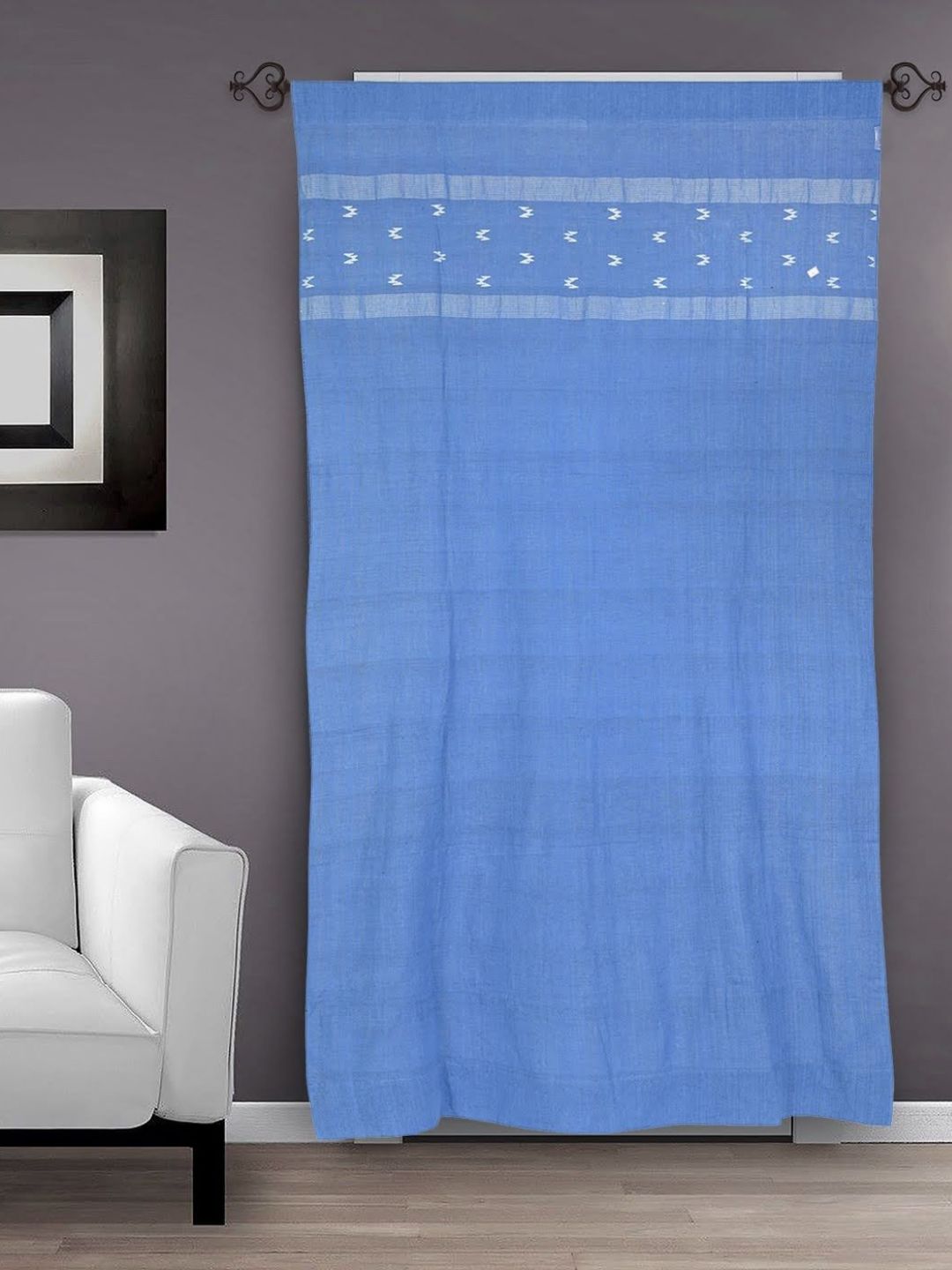 Azure Blue Jamdani Cotton Curtain- Single Panel | SHOBITAM