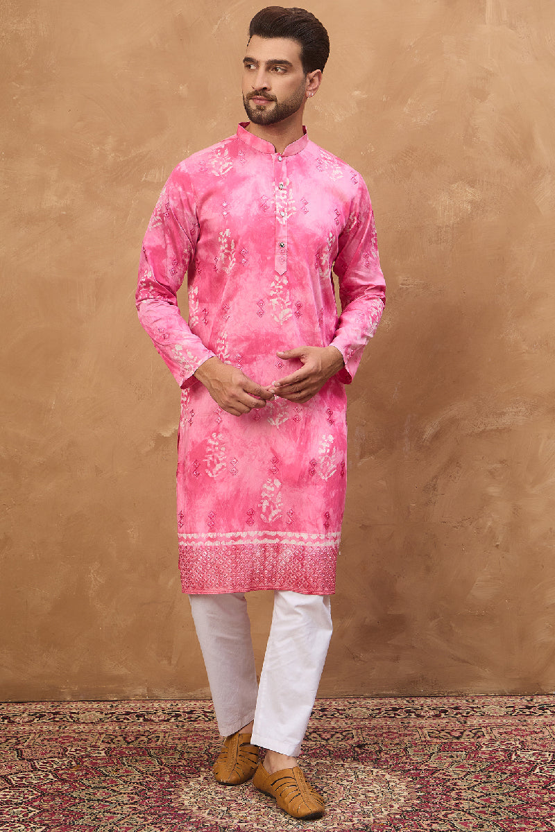 Pink Silk Blend Batik Embroidered Straight Kurta  | SHOBITAM