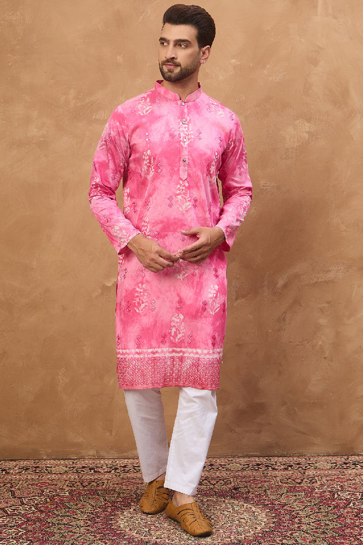 Pink Silk Blend Batik Embroidered Straight Kurta  | SHOBITAM